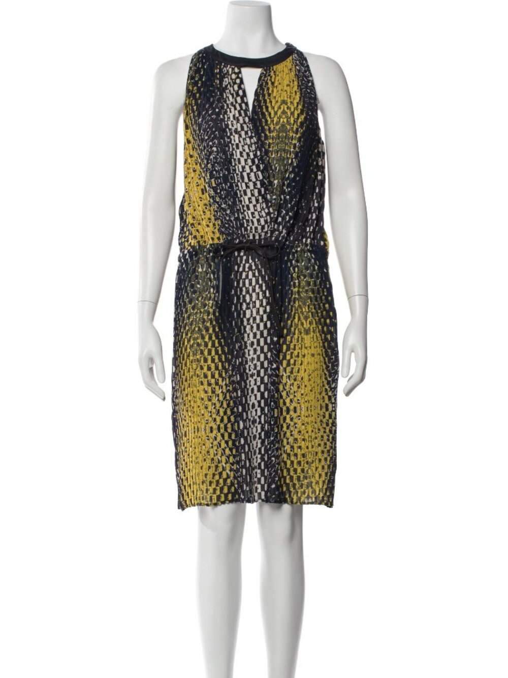 Piazza Sempione Navy, Yellow, White Midi Dress w/ Leather Belt- IT 42 (US 6) EUC